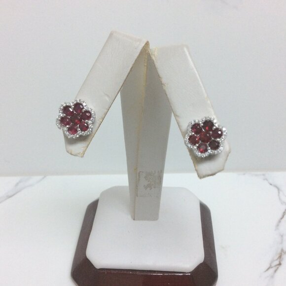 14k White Real Gold Natural Ruby Diamonds Flower cluster women Earrings - Picture 4 of 7